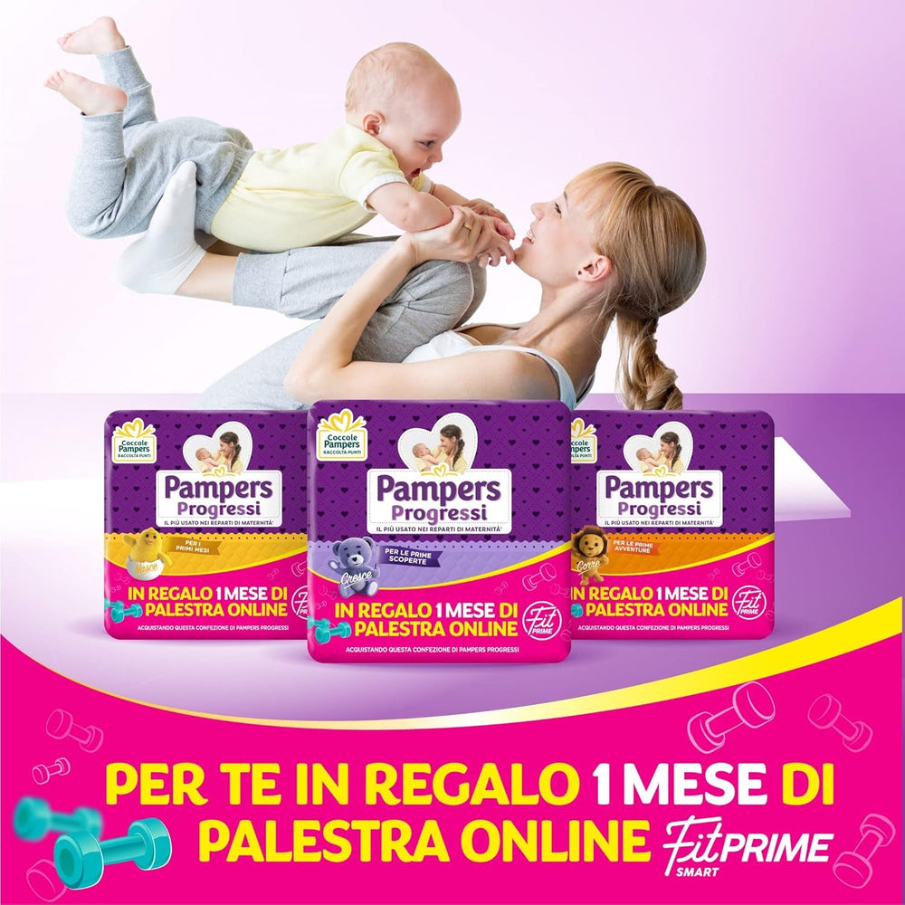 Scutece Pampers Progressi & Fit Prime Midi, format scurt, 162 scutece, mărimea 3 (4-9 kg), abonament online la sală pentru 1 lună cadou