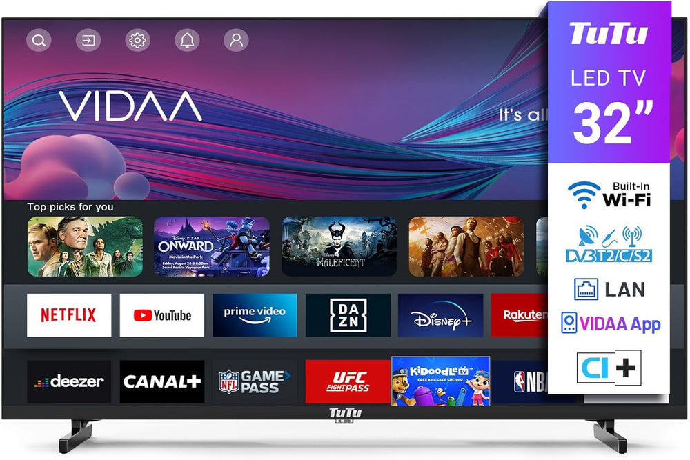 TuTu TUS43UQ1A Smart TV 43 inch (108 cm) 4K UHD LED TV Android TV cu WLAN, HDR, triplu tuner DVB-C/S/S2/T/T2, Bluetooth, Prime Video, Netflix, YouTube, DAZN, Disney+