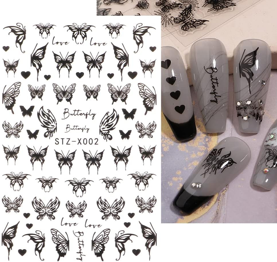 6 Blatt Schmetterling Nagelsticker Selbstklebend Laser Silber Schmetterlings Nagelaufkleber 3D Aurora Silber Schwarz Schmetterlinge Nagel Stickers Frühling Nageldesign Nail Sticker Nail Art Zubehör