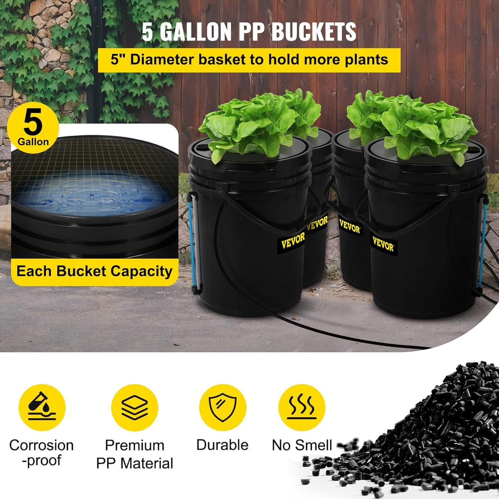 Sistem de creștere hidroponică VEVOR DWC, Sisteme de creștere hidroponică, Cultivare în apă adâncă 4 găleți de 20 de litri, Sistem DWC cu pompă de aer, pietre de aer și indicator al nivelului apei pentru legume cu frunze