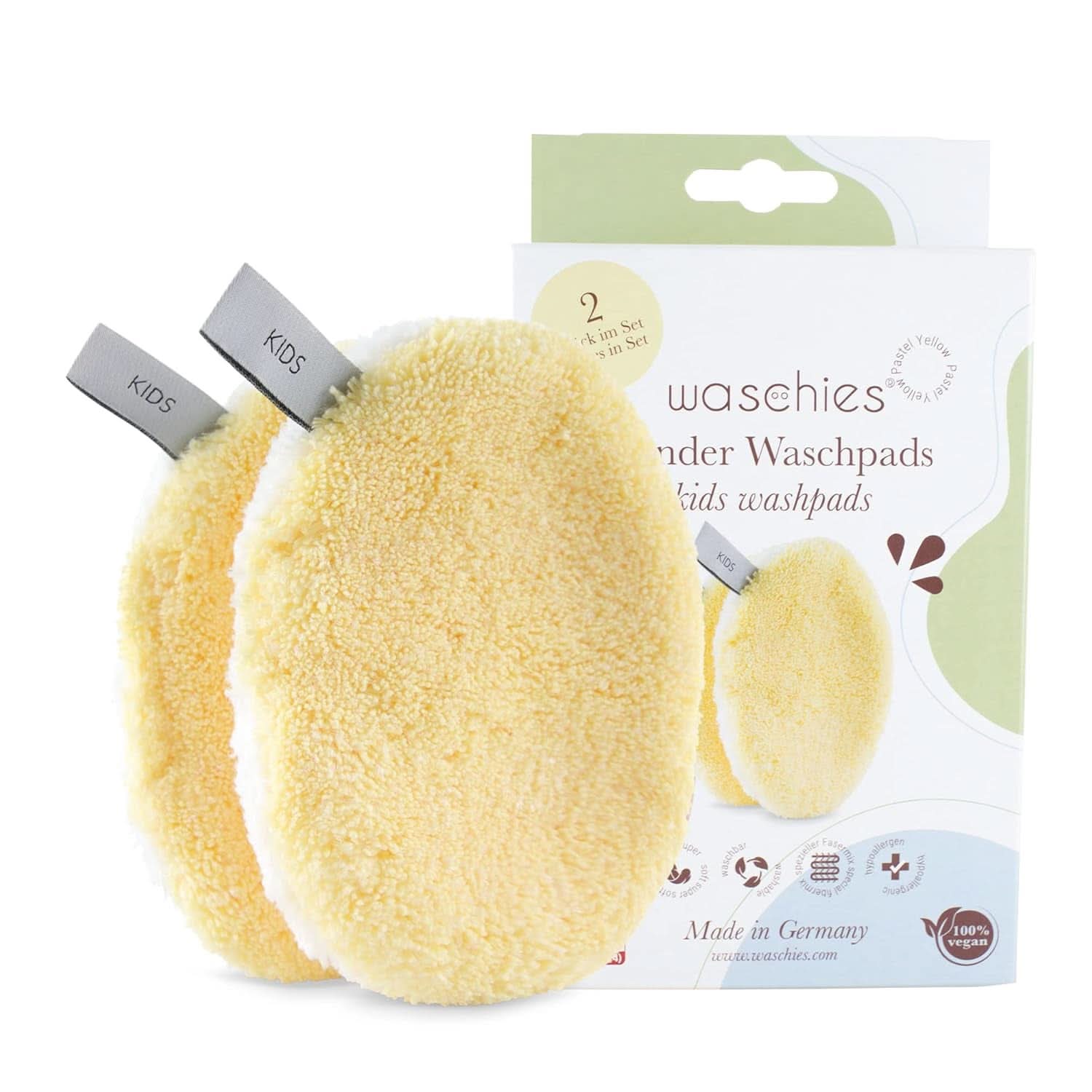 Waschies KIDS Baby- und Kinderwaschpads, nur zur Reinigung mit Wasser, wiederverwendbar Mutter und Kind Naty Shop Pastellgelb 2 Stück