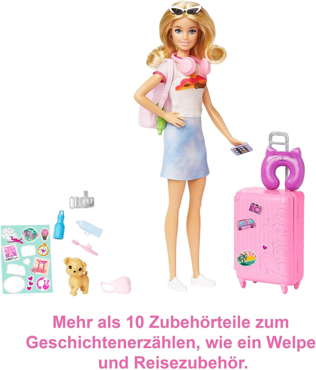 Păpușă Barbie, Travel Barbie cu păr blond, 10+ accesorii de călătorie, autocolante, valiză, cățeluș, incl. 1 păpușă, cadou pentru copii, jucărie de la 3 ani,Hjy18 Papusi Naty Shop