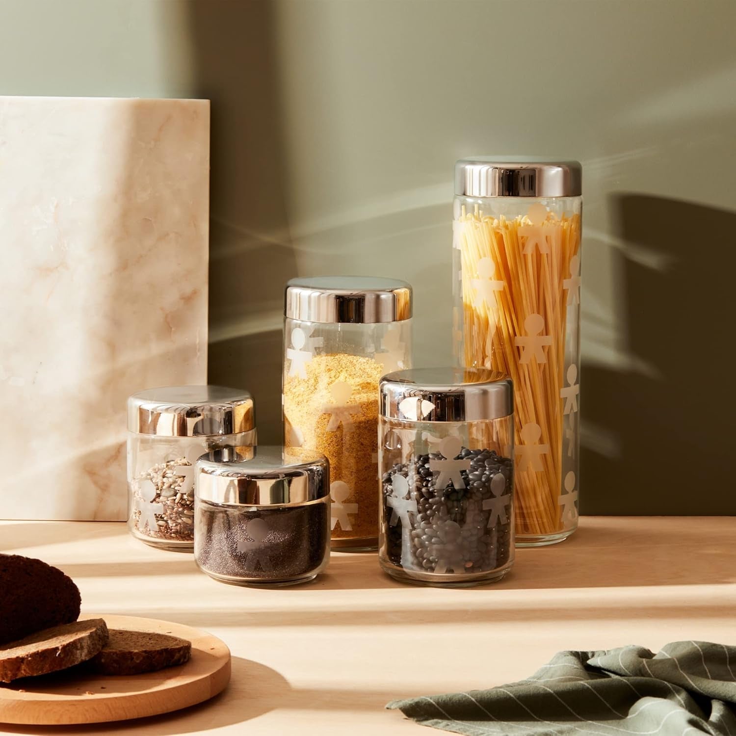 Alessi AKK37 GIROTONDO Borcan de bucătărie din sticlă cu amprentă și capac sigilat din oțel inoxidabil, L 21.6cm, H 10.5cm Cutii depozitare alimente Naty Shop