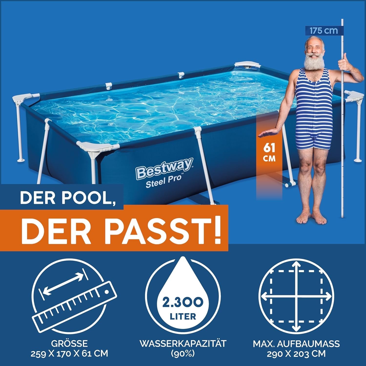 Piscină de 2,59 m x 1,70 m x 61 cm / 8'6" x 67" x 24"