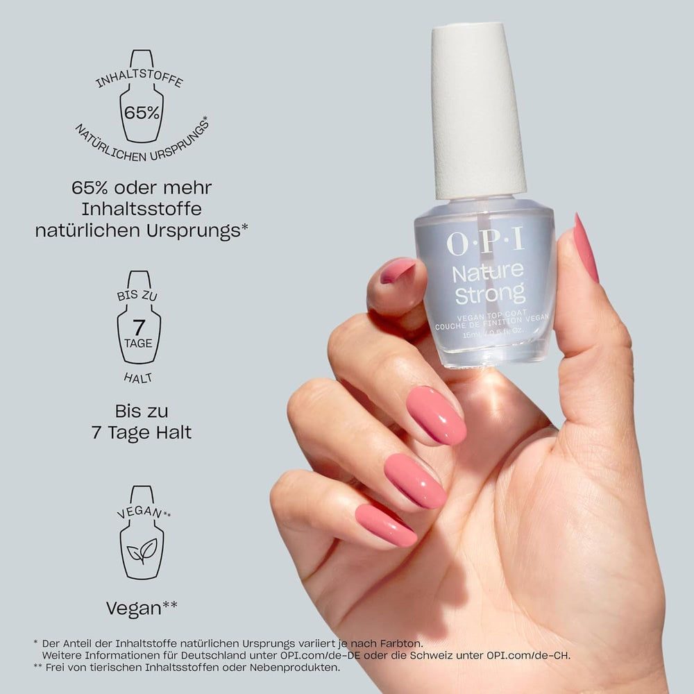 Oja OPI Nature Strong este Rose Gold – oja de lungă durată cu o formulă vegană, inovatoare, care conține ingrediente naturale – pentru unghii strălucitoare, de un roz auriu.