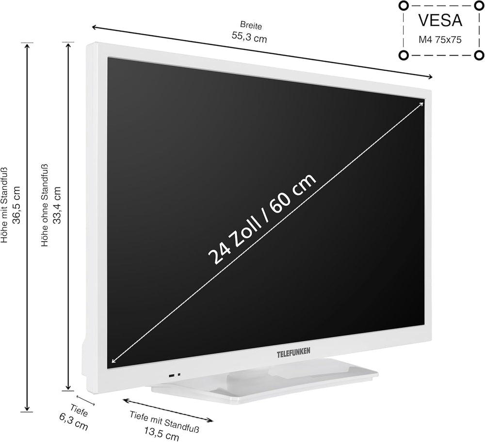 Televizor TELEFUNKEN XH24O550M-W de 24 de inci - Televizor HD-Ready cu diagonală de ecran de 60 cm și tuner triplu integrat, televizor LED alb