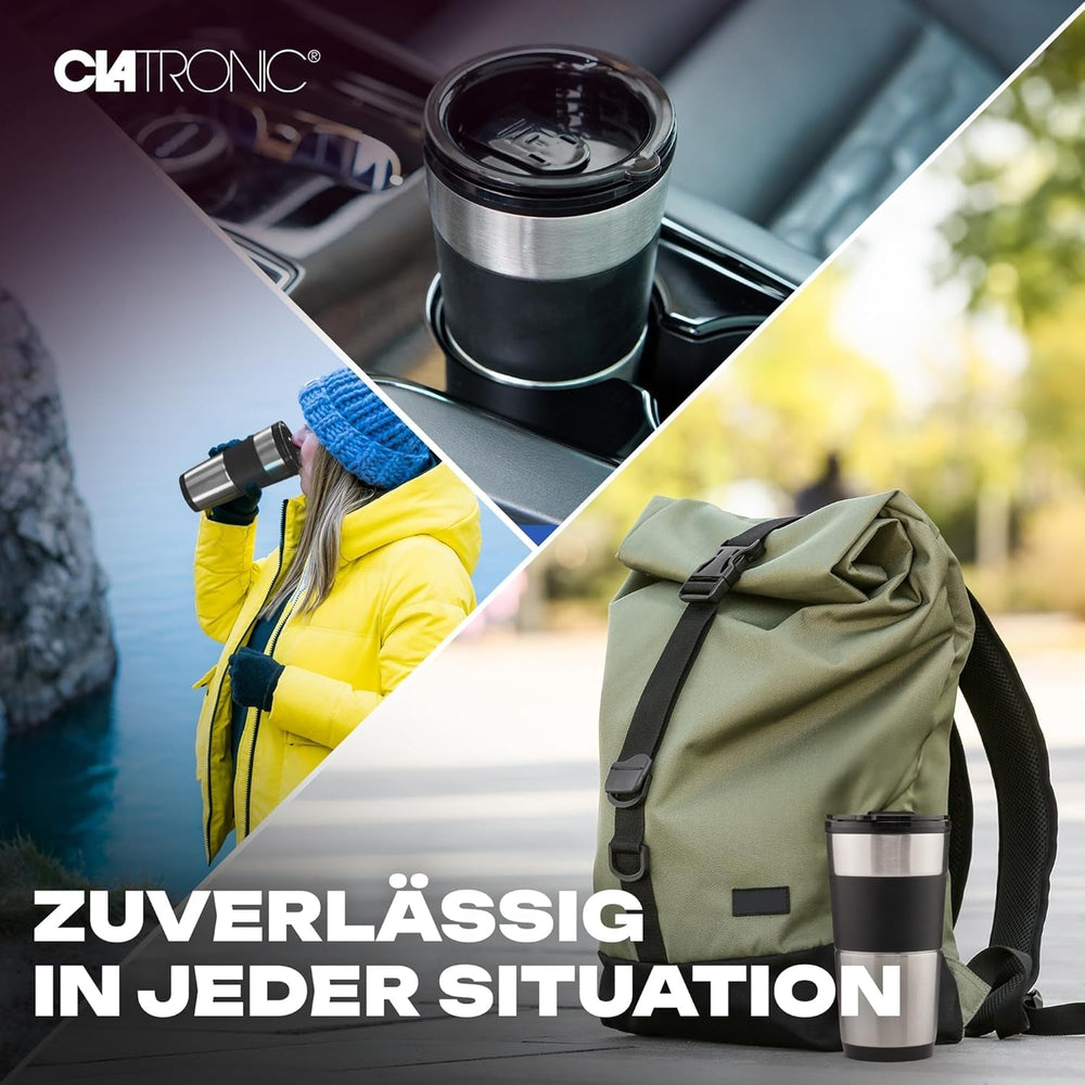 Espressor Clatronic | Cană de călătorie 400 ml | Compatibilă cu toate suporturile de pahare standard (de exemplu, pentru mașină) | Espressor cu filtru | Filtru permanent din nailon | Cană din oțel inoxidabil cu capac pentru aromă | KA 3733
