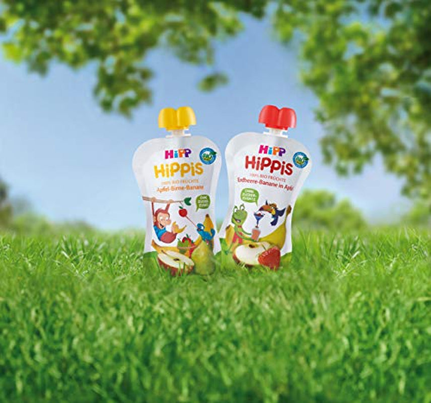 HiPP Organic pentru Copii HiPPiS Căpșuni-Banană în Măr - Theo Toucan, 100g