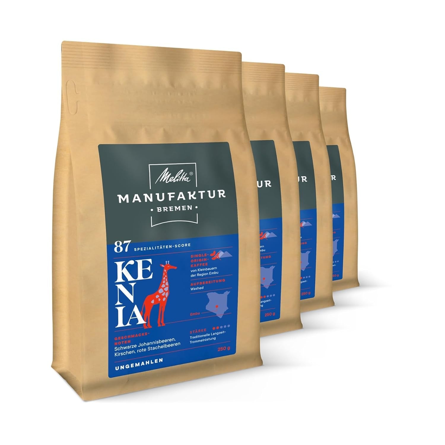 Melitta Manufaktur-Kaffee Guatemala Honig, Spezialitätenkaffee, 250 g, ganze Kaffeebohnen, ungemahlen, Single-Origin-Kaffee, zarte Trommelröstung, in Deutschland geröstet, Stärke 3 Naty Shop Coffee 4 x 250 Gramm Kenya ganze Bohne