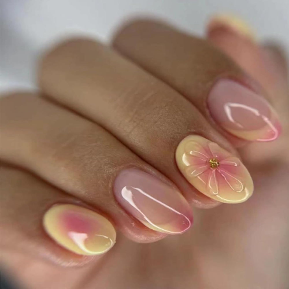 Mouyouglow 30 bucăți unghii false scurte, model floral cu dungi albe, culoare nud, model francez 3D, cu flori Y2K, cu lipici pentru unghii, vârfuri albe, flori argintii ondulate, vară, INS, unghii artificiale