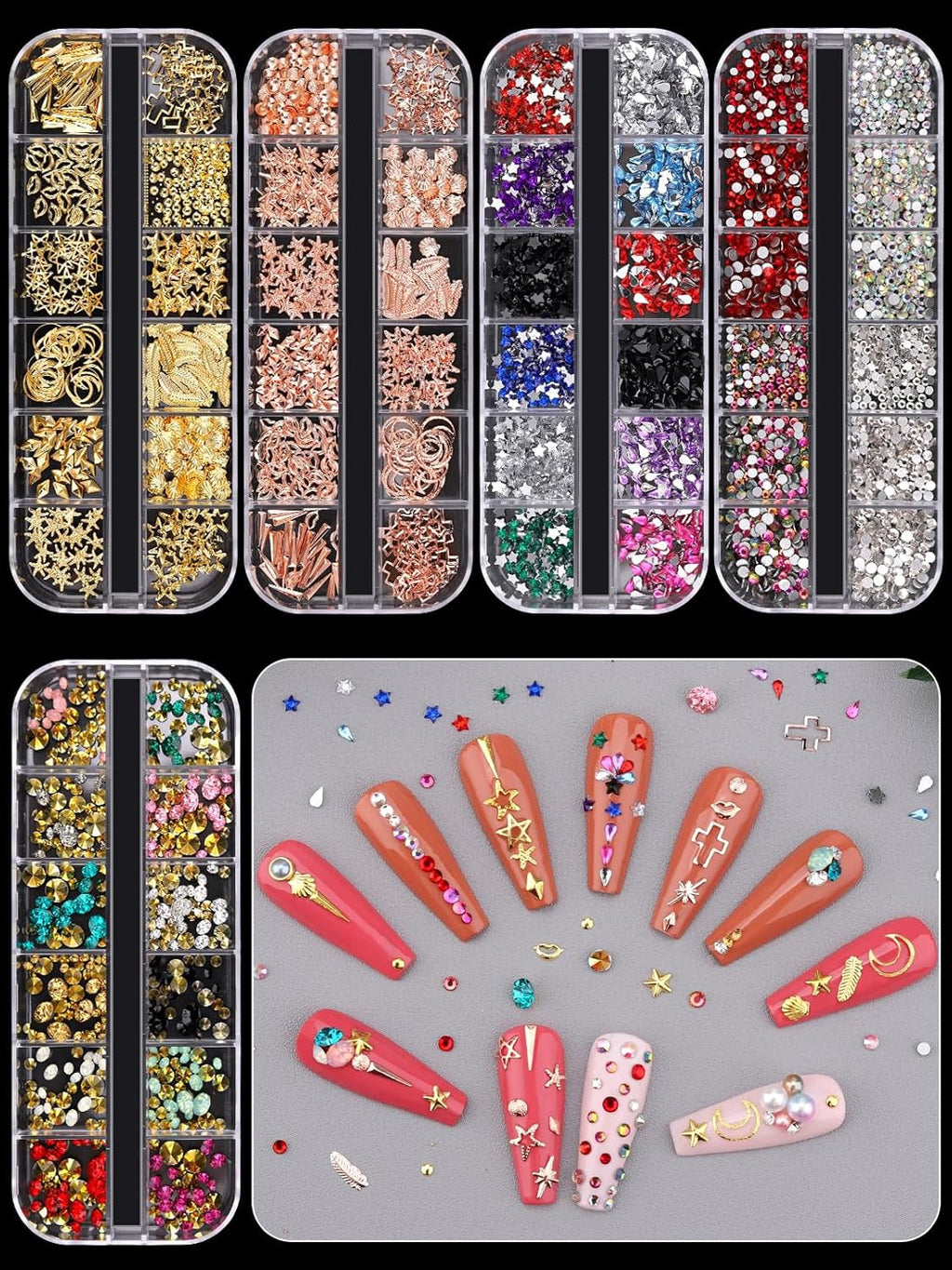 EBANKU Nail Art Strass Kit Multi Design Zubehör Mit 1 Pinzetten 1 Stück Wachsstifte Deko Diamanten Kristalle Perlen Edelsteine Bunt Pferdeaugen Strass Metall Nieten Für Nagel DIY (1 Stück (10Er Pack))
