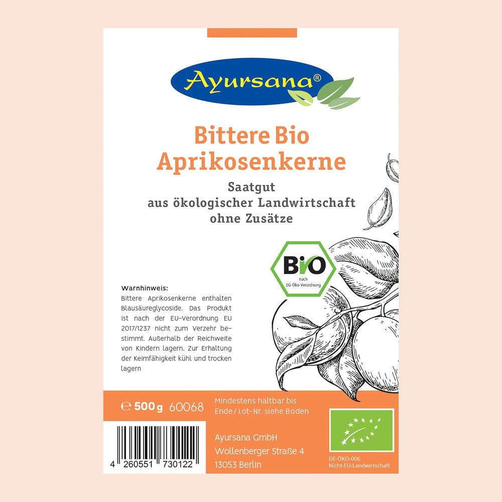 Ayursana Bittere Aprikosenkerne 500G - Saatgut - Sehr Hoher Amygdalin-Anteil - Schadstoffgeprüft Im Deutschen Labor - Bio-Qualität