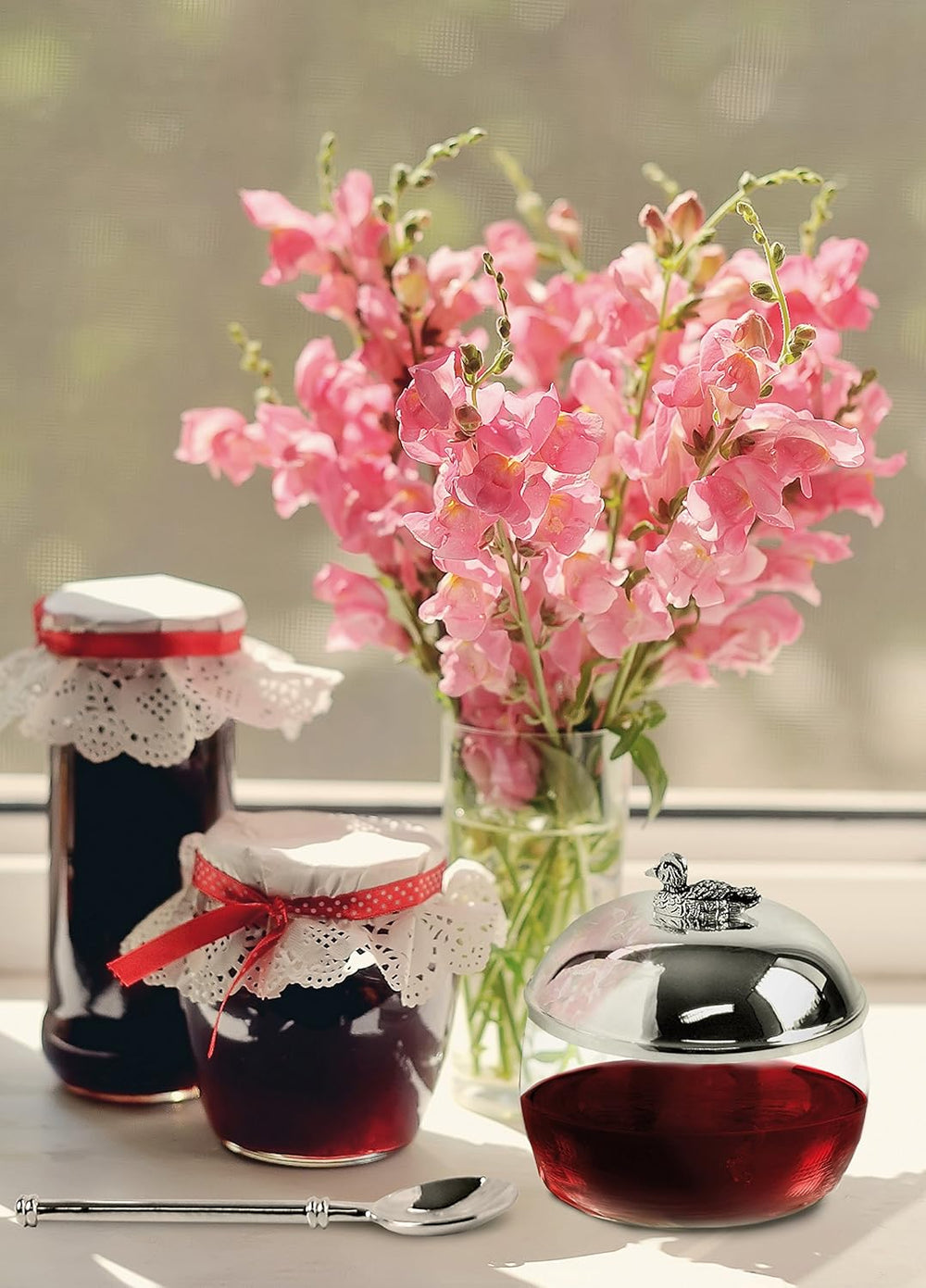 Borcan de dulceață de rață EDZARD (Ø 10 cm) din argint și sticlă - Cutie și lingură - Bol, recipient pentru zahăr, brânză - Borcan de dulceață cu capac, depozitare cu capac, cutie cu încuietoare cadou