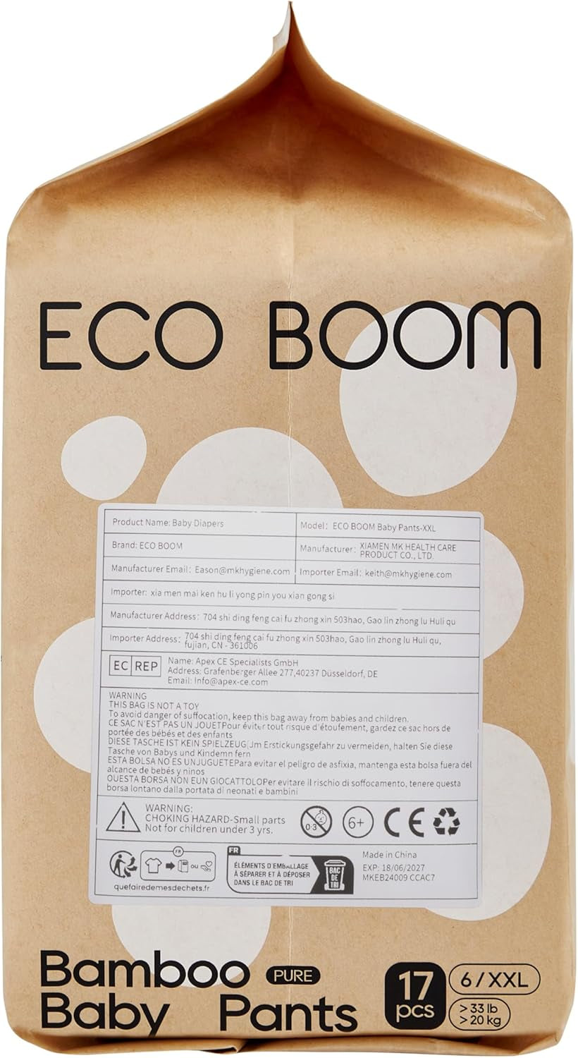 Scutece-chiloți ECO BOOM pentru bebeluși din bambus – Mărimea 6 (20 kg), Scutece de tip „pull-up” pe bază de plante (17 bucăți) – Calitate organică premium, fără parfum, prietenoase cu pielea și super absorbante