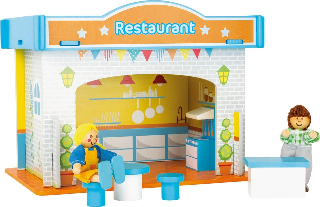 Small Foot 10852 Spielhaus Restaurant aus Holz, mit 2 Puppenfiguren, Zubehör und abnehmbarem Dach, ab 3 Jahren Naty Shop Puppenhäuser