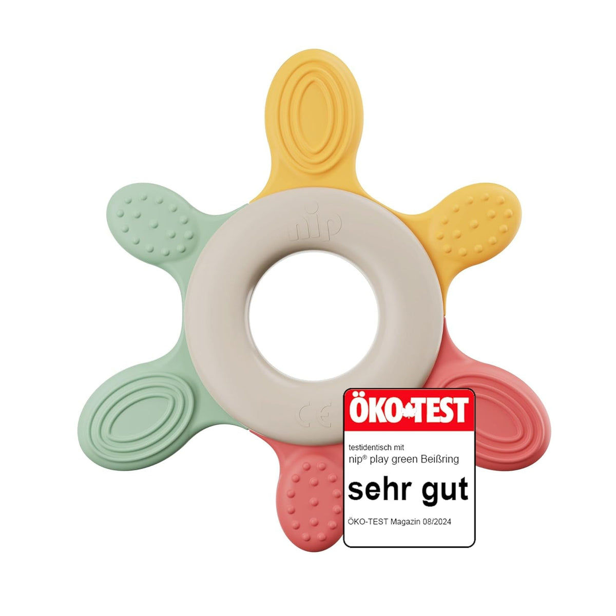 nip – Inel de dentiție | Inel de dentiție sustenabil pentru bebeluși de la 3 luni, fabricat din peste 65% materii prime naturale. Pentru masajul ușor al gingiilor, limbii și dinților | Roșu/Verde/Portocaliu