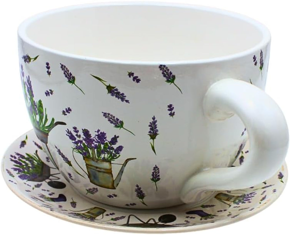 Ghiveci de flori Dekohelden24, jardinieră, ghiveci pentru plante, recipient pentru plante, ghiveci de flori. Ghiveci ceramic în formă de cupă cu mâner, design: lavandă, L/l/Î 25 x 23 x 14 cm.