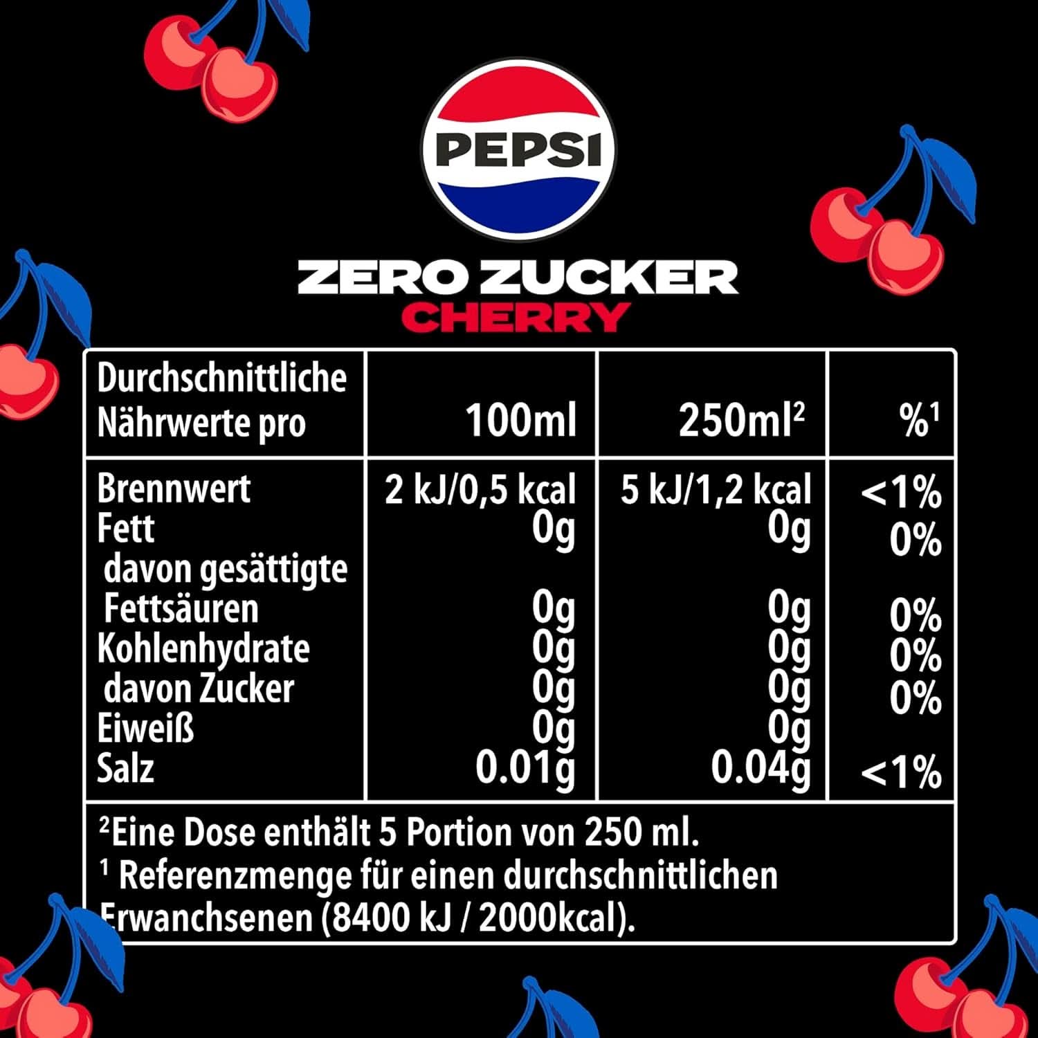Pepsi Zero Sugar Cherry, Zuckerfreies Erfrischungsgetränk, koffeinhaltige Cola mit Kirschgeschmack in der Flasche, Set 6 x 1,25 Liter Naty Shop