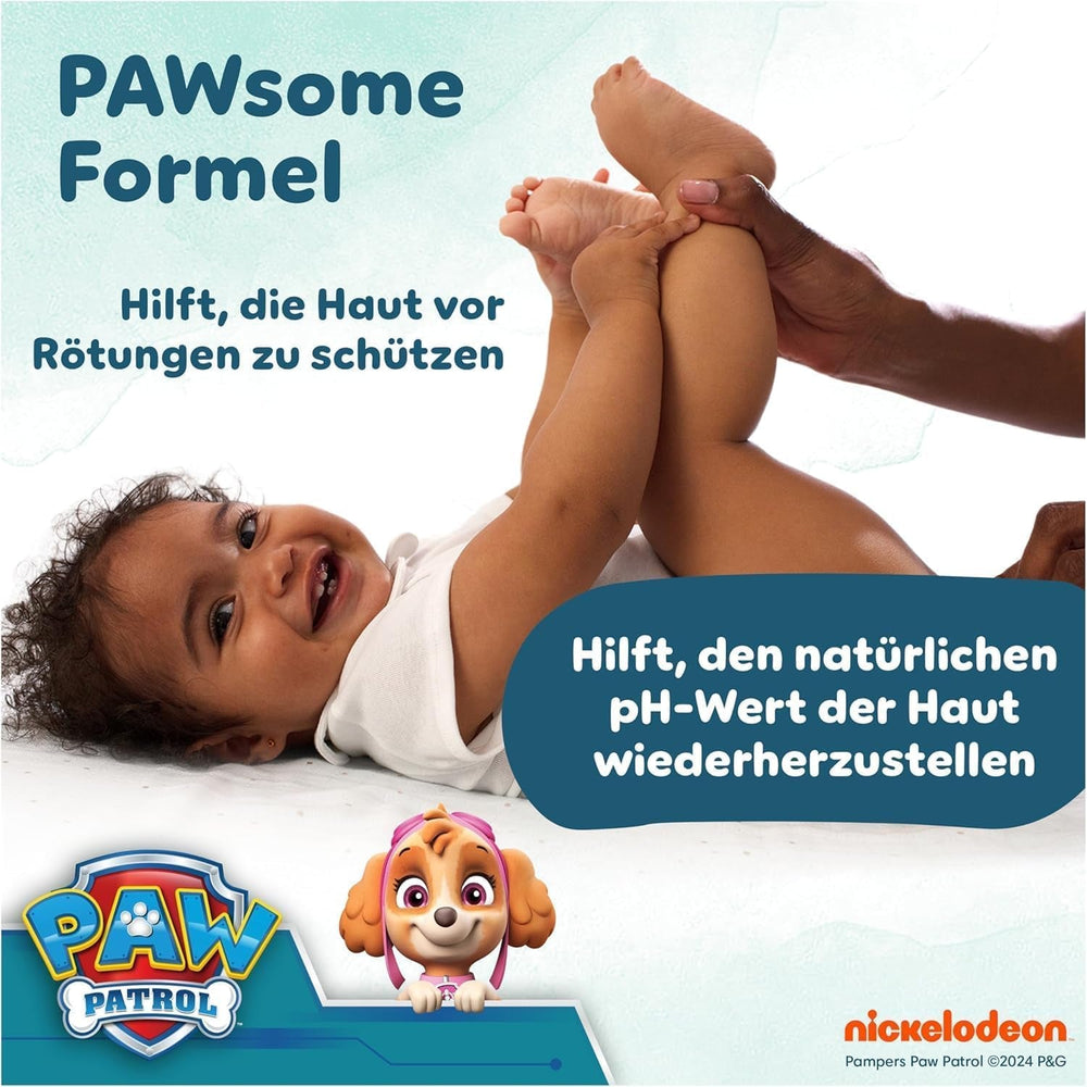 Șervețele umede Pampers Harmony Aqua pentru bebeluși, Patrula Cățelușilor, 15 pachete a câte 48 de șervețele, 720 de șervețele umede pentru bebeluși care ajută la restabilirea echilibrului natural al pH-ului pielii, loțiune ușoară cu 99% apă