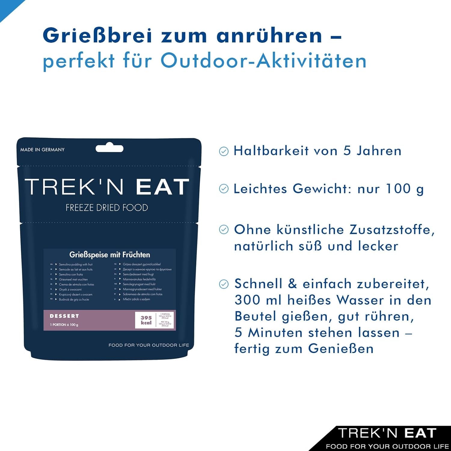 Budincă de griș cu fructe Trek'n Eat – Desert cremos de griș cu fructe pentru activități în aer liber, drumeții și provizii de urgență | Budincă de griș gata preparată cu apă, termen lung de valabilitate, fără aditivi