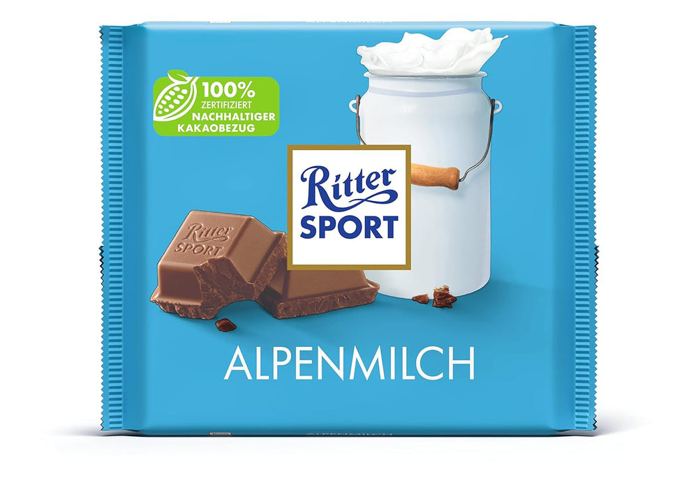 Ritter Sport 250g Ciocolată Alpine Milk, Cea mai fină ciocolată cu lapte integral, cu un gust cremos, Ciocolată clasică de împărțit cu prietenii, 11 batoane x 250g