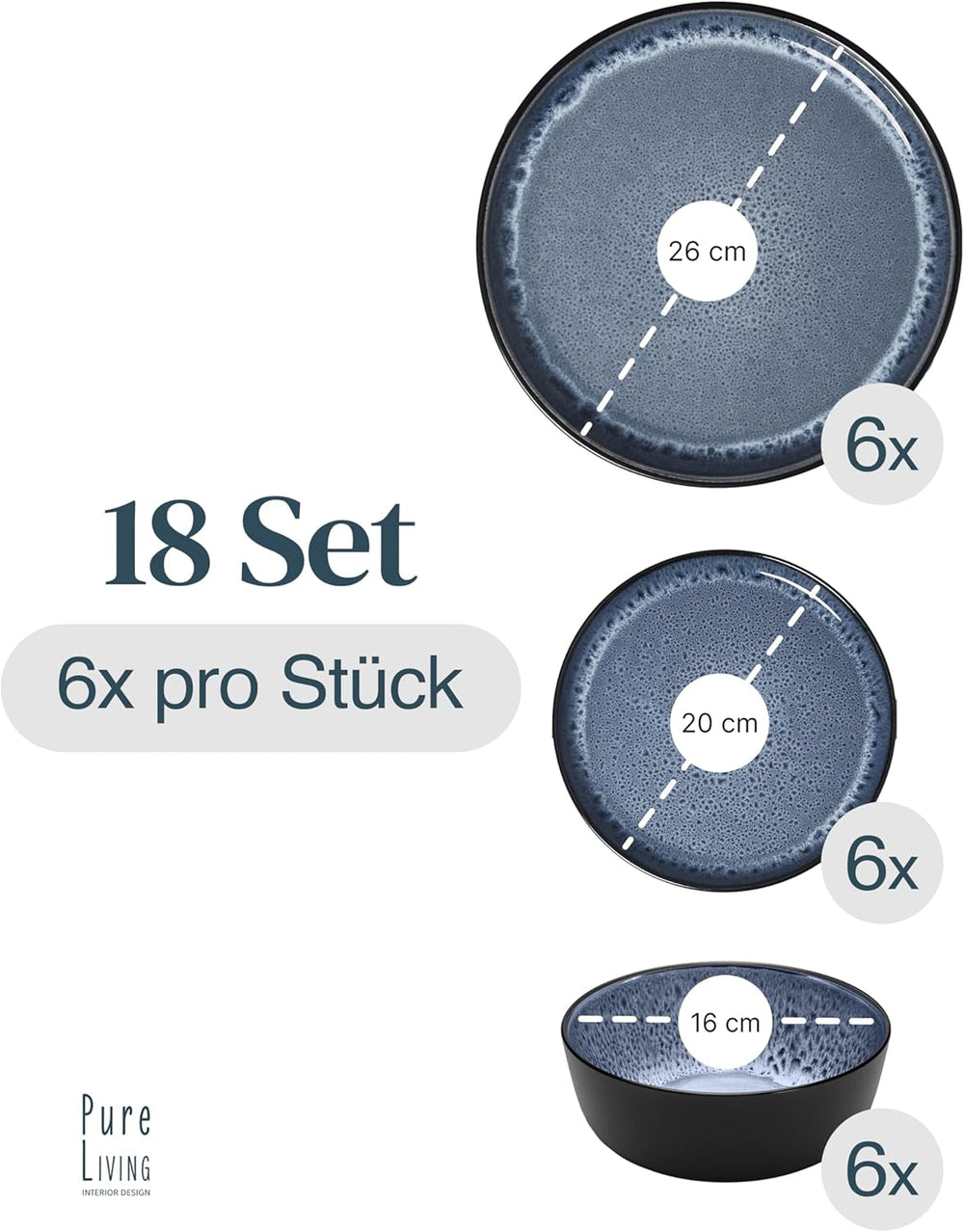 Set de veselă din gresie ceramică, format din 18 piese, pentru 6 persoane, design Ibiza, CÂȘTIGĂTOR AL TESTULUI. Un set de veselă mediteranean superb, din gresie ceramică, inclusiv boluri și farfurii. Set de veselă Pure Living în albastru fumuriu.