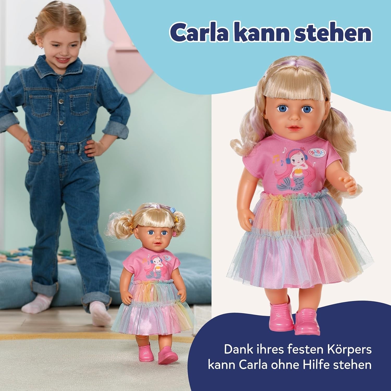 BABY born Carla - 43 cm große Puppe - Hochwertiges Blondes Haar mit Strähnen - Benötigt Keine Batterien - Geeignet für Kinder ab 4 Jahren - Inkl. 7 Accessoires