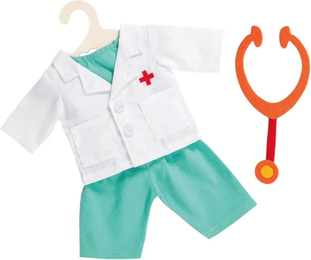 Heless 2653 - Bekleidungs-Set für Puppen, 4 teiliges Arzt-Outfit mit Hose, Hemd, Arztkittel und Stethoskop, Größe 35 - 45 cm