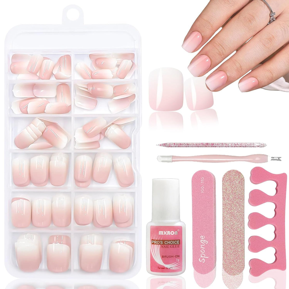 120 buc unghii false roz nud cu lipici de unghii - 12 dimensiuni unghii ovale scurte, pătrate, prin presare - unghii frumoase, unghii artificiale pentru lipire - potrivite pentru designul unghiilor DIY pentru femei (gradient roz Squoval)