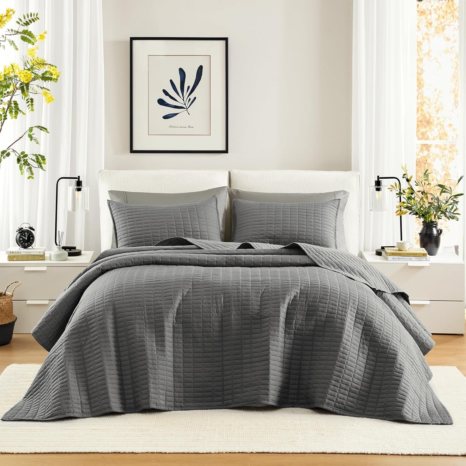 Comfort Spaces Kienna Quilt Set, cusături duble de lux, pătură de vară, ușoară, moale, lenjerie de pat pe tot parcursul anului, față de pernă asortată, albă, pătură pentru paturi King Size (264.2 X 228.6 Cm), Plapumi si pilote Naty Shop Gri închis Cuvertură de pat supradimensionată King(120"X118")