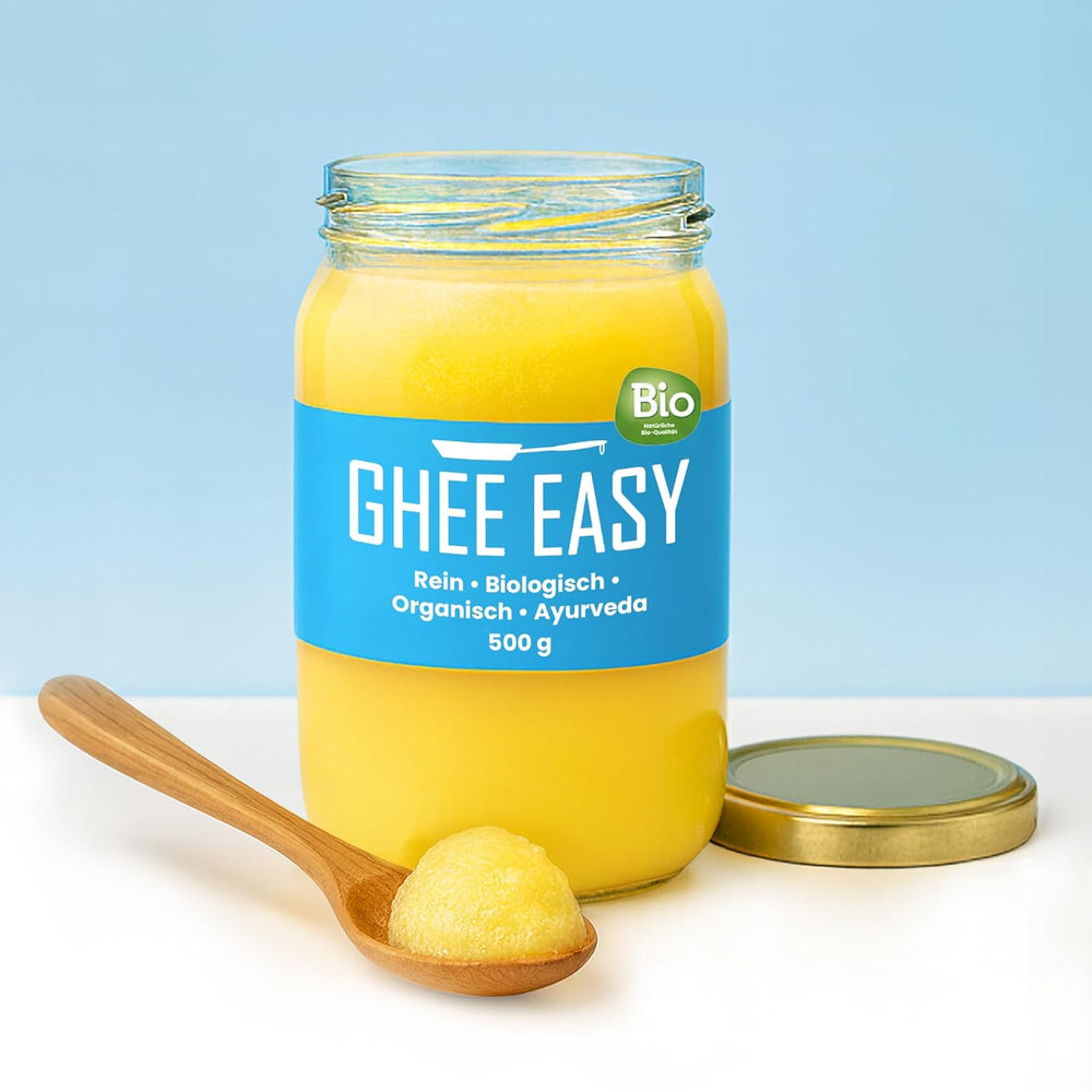 Ghee Easy 850g Ghee Bio von Grasgefütterten Kühen - Ghee Butter ohne Zusatzstoffe - Zertifiziert Organisch & Biologisch - Hochreines Ayurveda Ghee ohne Laktose und Gluten - 100% europäisch