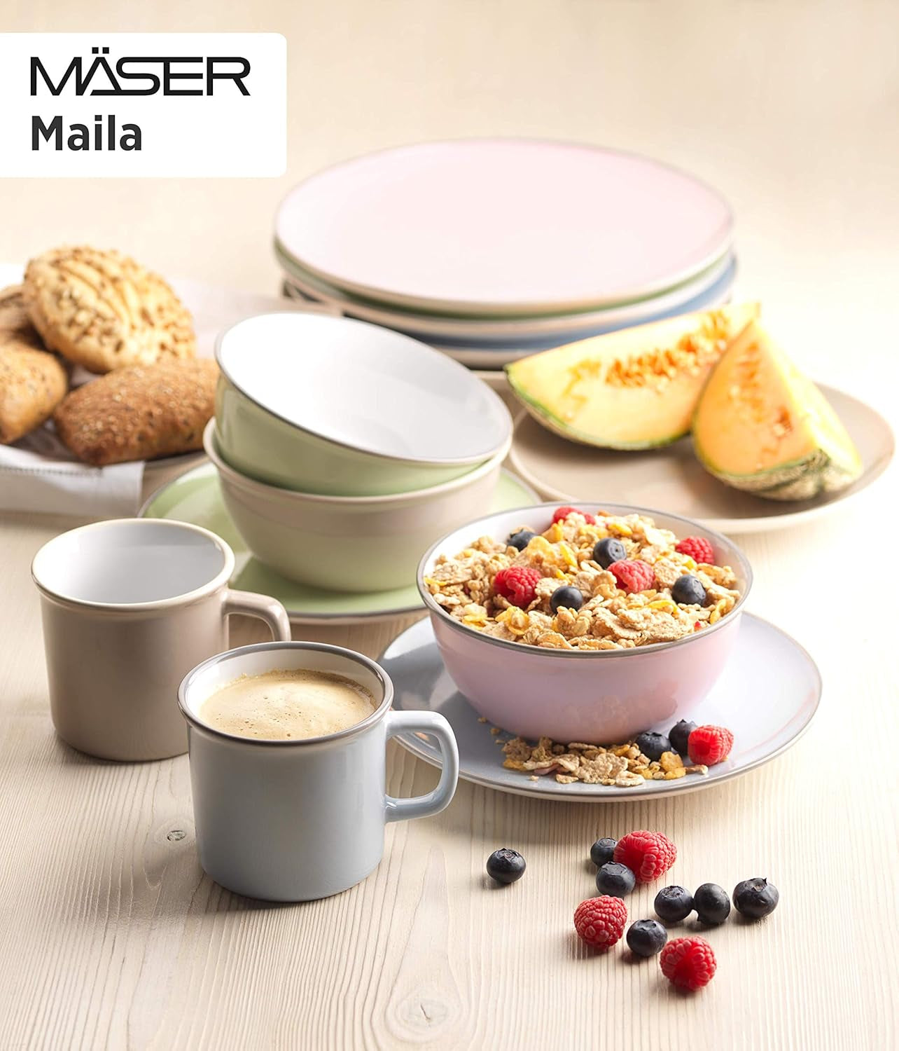 Mäser Geschirr-Set, Steingut Maila Rosa/Grau/Blau/Grün, 4-Personen-Set Tableware Naty Shop