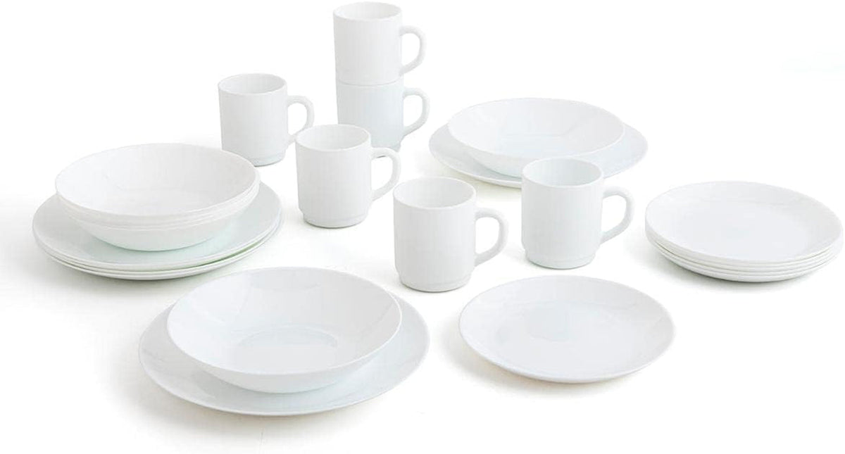 Set complet de veselă albă pentru 6 persoane, 24 de piese, 6 farfurii de cină, 6 farfurii de sumă, 6 farfurii de desert și 6 cești, multicolor, 24 de piese