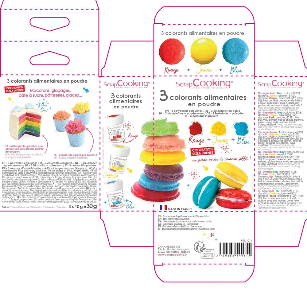 Scrapcooking - Set de 3 coloranți alimentari pudră - Roșu Galben Albastru - Coloranți alimentari pentru copt, prăjituri, fursecuri, prăjituri, aluat, fondant, tort curcubeu - 4011