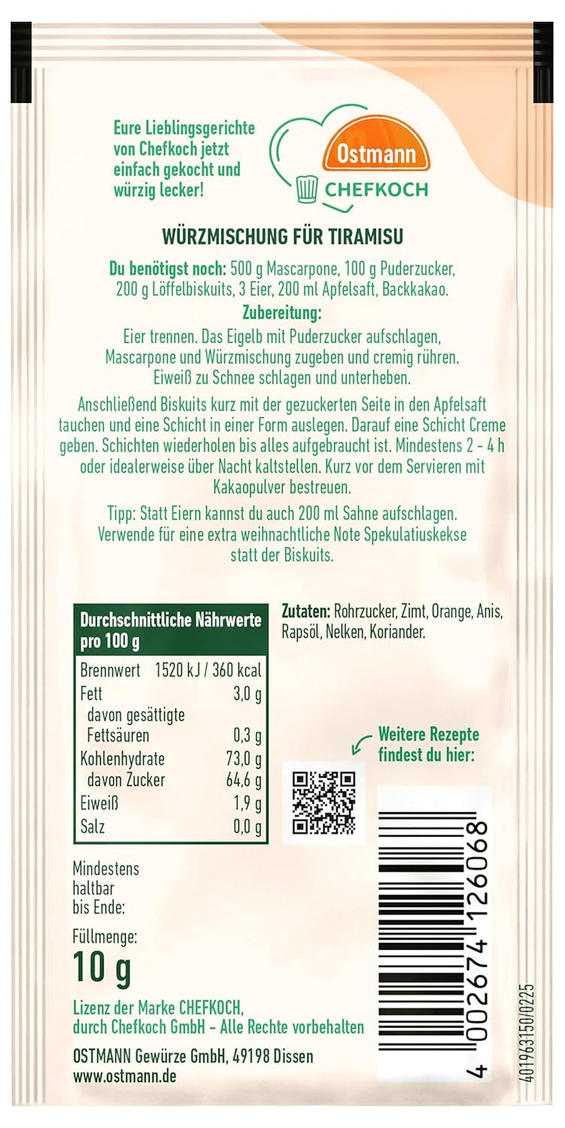 Ostmann Gewürze x Chefkoch - Apfel-Zimt-Tiramisu Würzmischung | Abgestimmt auf 4 Portionen | Inklusive Schritt-für-Schritt-Rezept und Mengenangaben | 10 g im Beutel