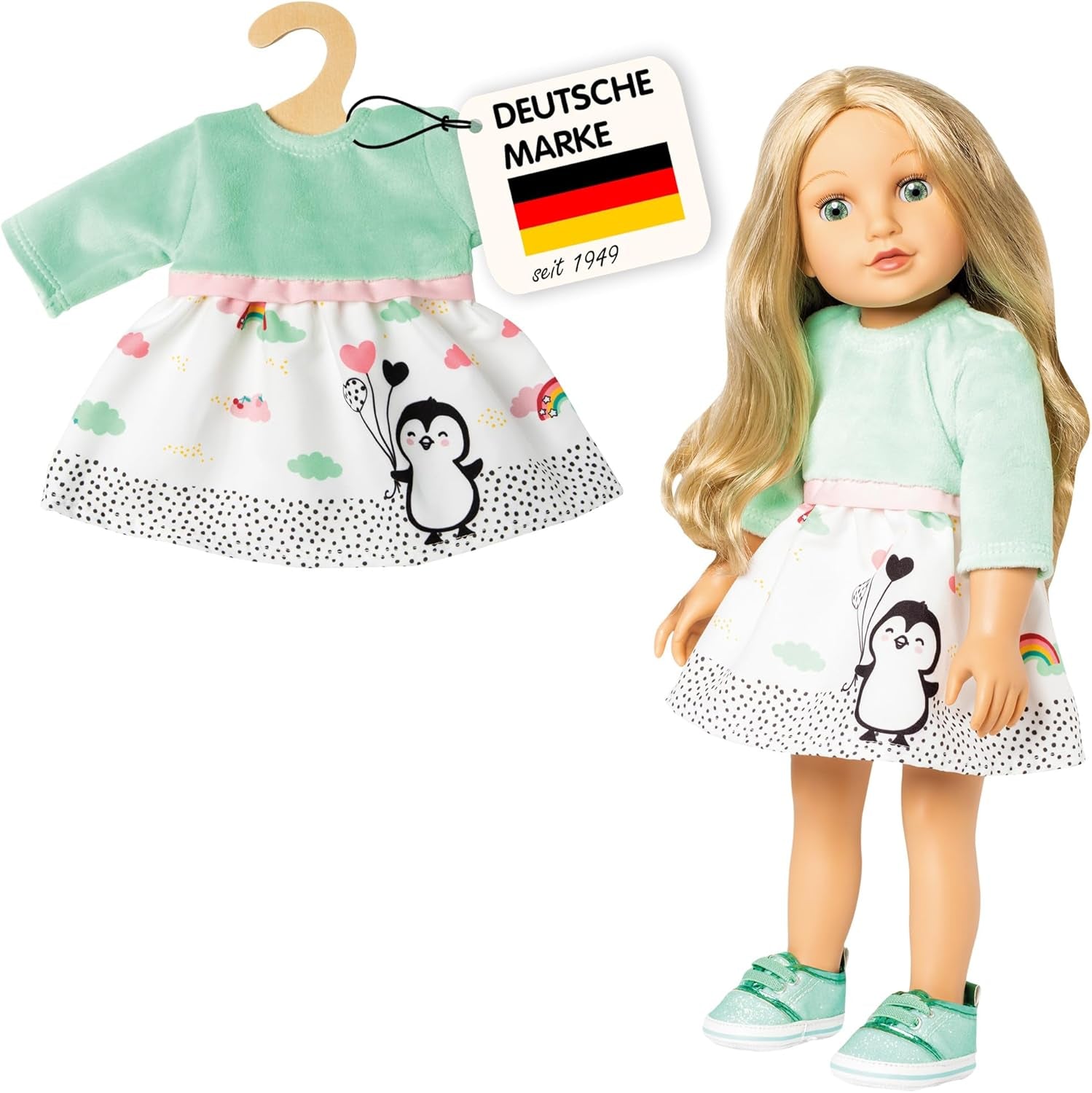 Heless 1124 - Kleid für Puppen im Pinguin Pünktchen Design, aus Softvelours und mit Pinguin-Aufdruck, Größe 28 - 35 cm