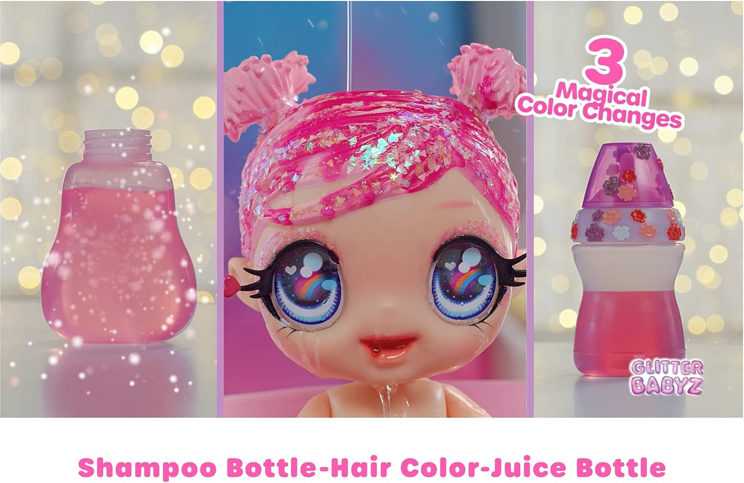 MGA Glitter Babyz - LILA WILDBLOOM - Babypuppe mit 3 magischen Farbwechseln durch eiskaltes Wasser - mit lila Glitzer-Haar, Wildblumen-Outfit, Windel, Flasche und Schnuller - Für Kinder ab 3 Jahren