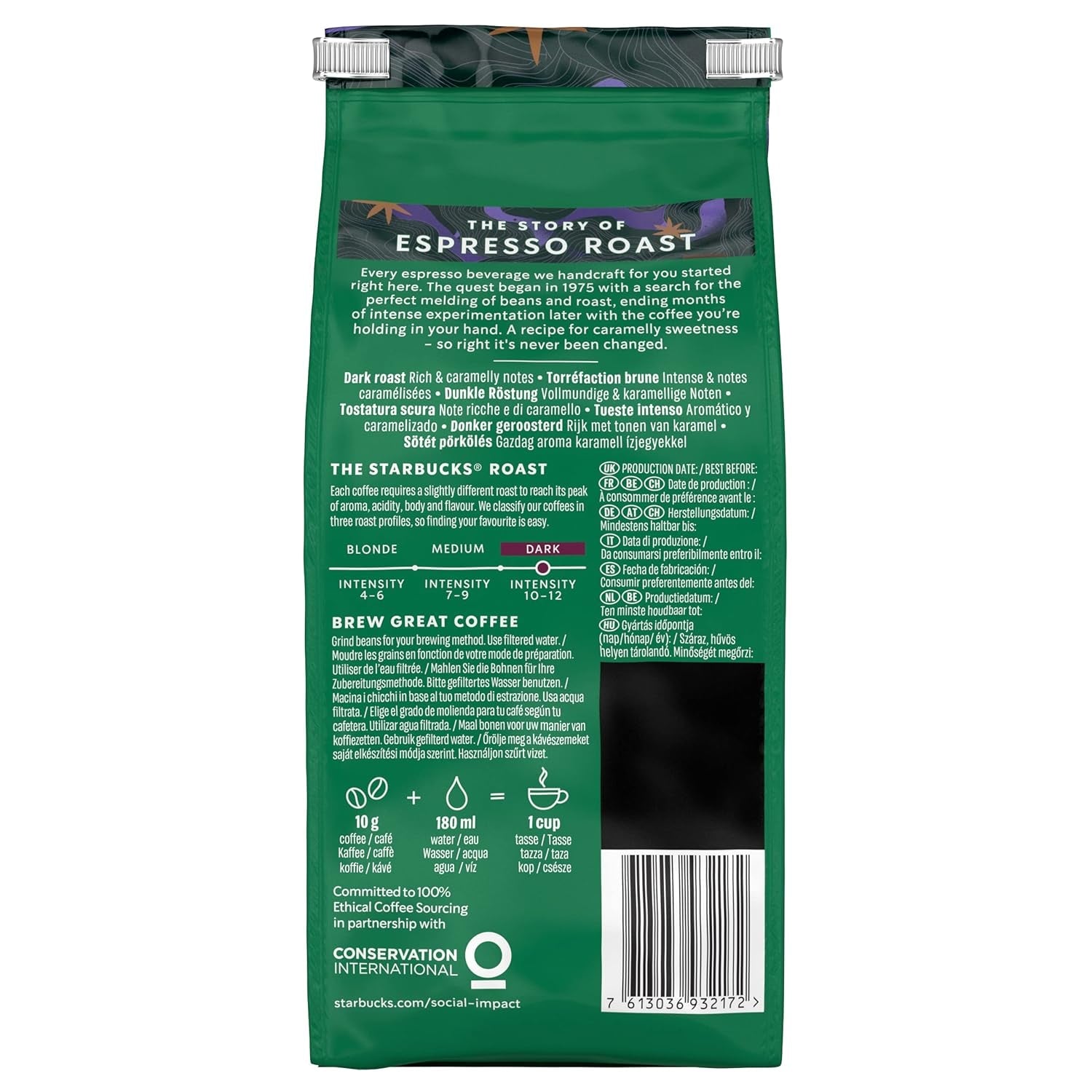STARBUCKS Espresso Roast, Prăjire Neagră, Boabe Întregi de Cafea 200g (Pachet de 6)
