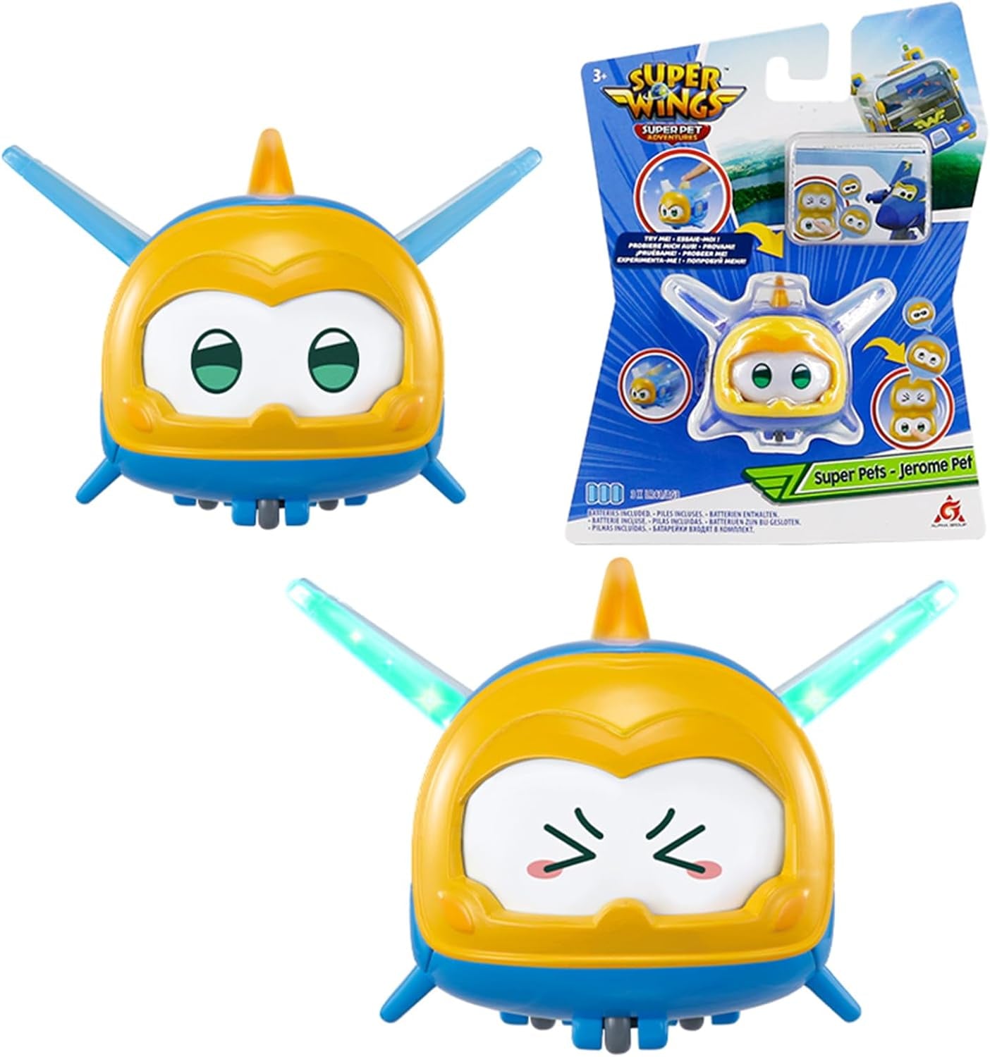Super Wings Super Pets 4 Stück Shine, Golden Boy, Jerome, Ellie, umschaltbarer Gesichtsausdruck, Blitzeffekt, tragbares Spielzeug für 3, 4, 5, 6, 7, 8 Jahre alte Jungen und Mädchen, 5,1 cm große Actionfiguren, Naty Shop Jerome