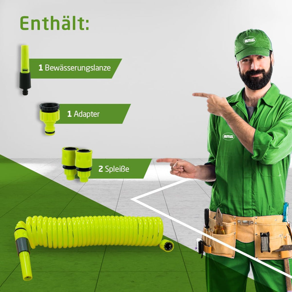 Amig - Furtun spiralat | Fabricat din polipropilenă | Extensibil până la 7,5 m | Include lance de irigare, adaptor și 2 îmbinări | Verde fistic
