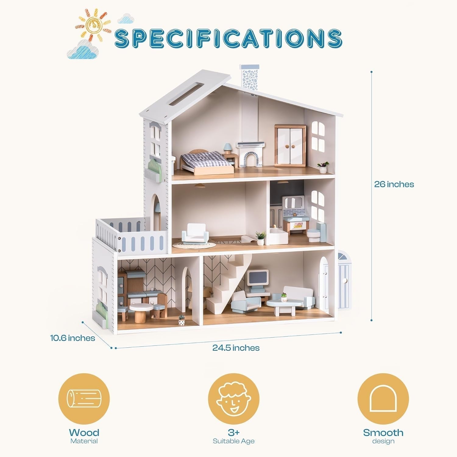 Puppenhaus aus Holz mit Lichtern, 3 Etagen, inklusive Möbeln und Treppen, Spielzeug für Puppenhäuser ab 3 Jahren, Naty Shop
