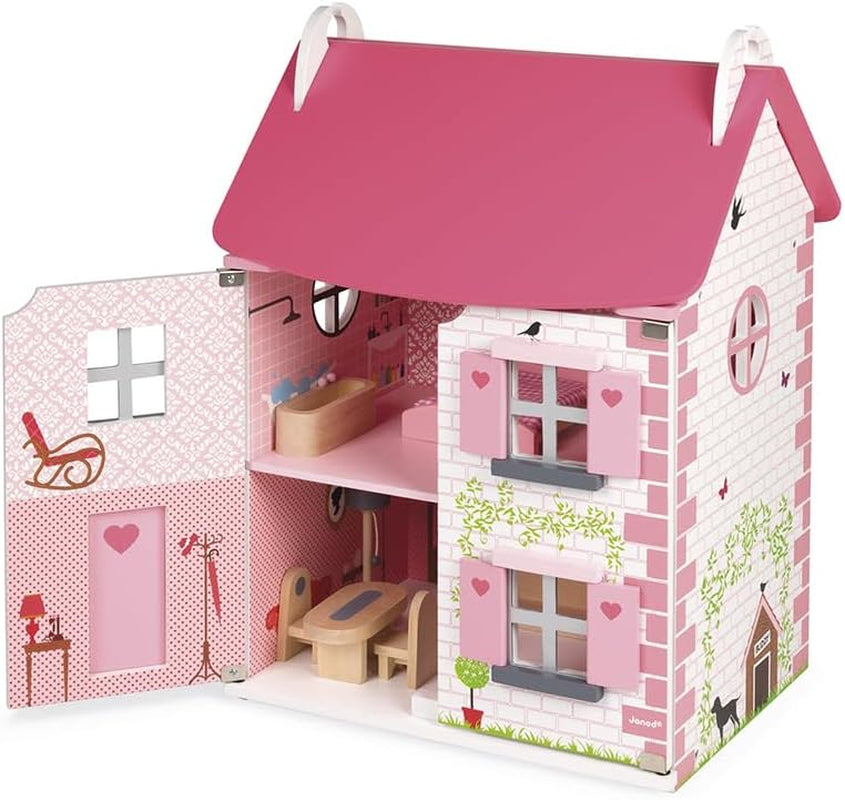 Janod - Mademoiselle Puppenhaus aus Holz, 3 Etagen und 11 Zubehörteile, Spielzeugnachbildung, fördert die Fantasie, ab 3 Jahren, J06581, Pink Naty Shop Dollhouses