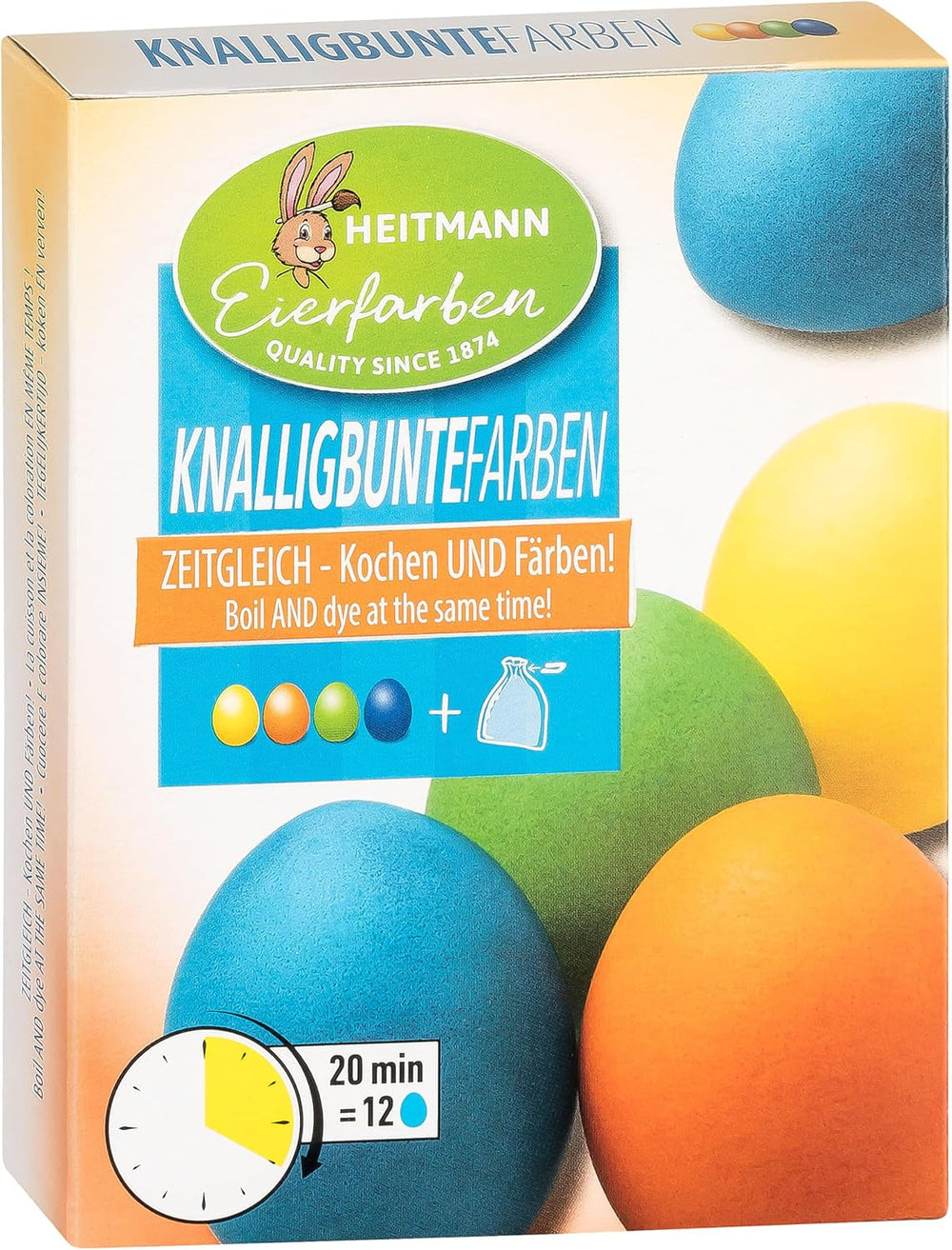 Culori de ou Heitmann, culori strălucitoare - 4 sticle de coloranți de ou (galben, portocaliu, verde, albastru), 2 intensificatori de culoare, 4 pungi de colorant, 4 cleme