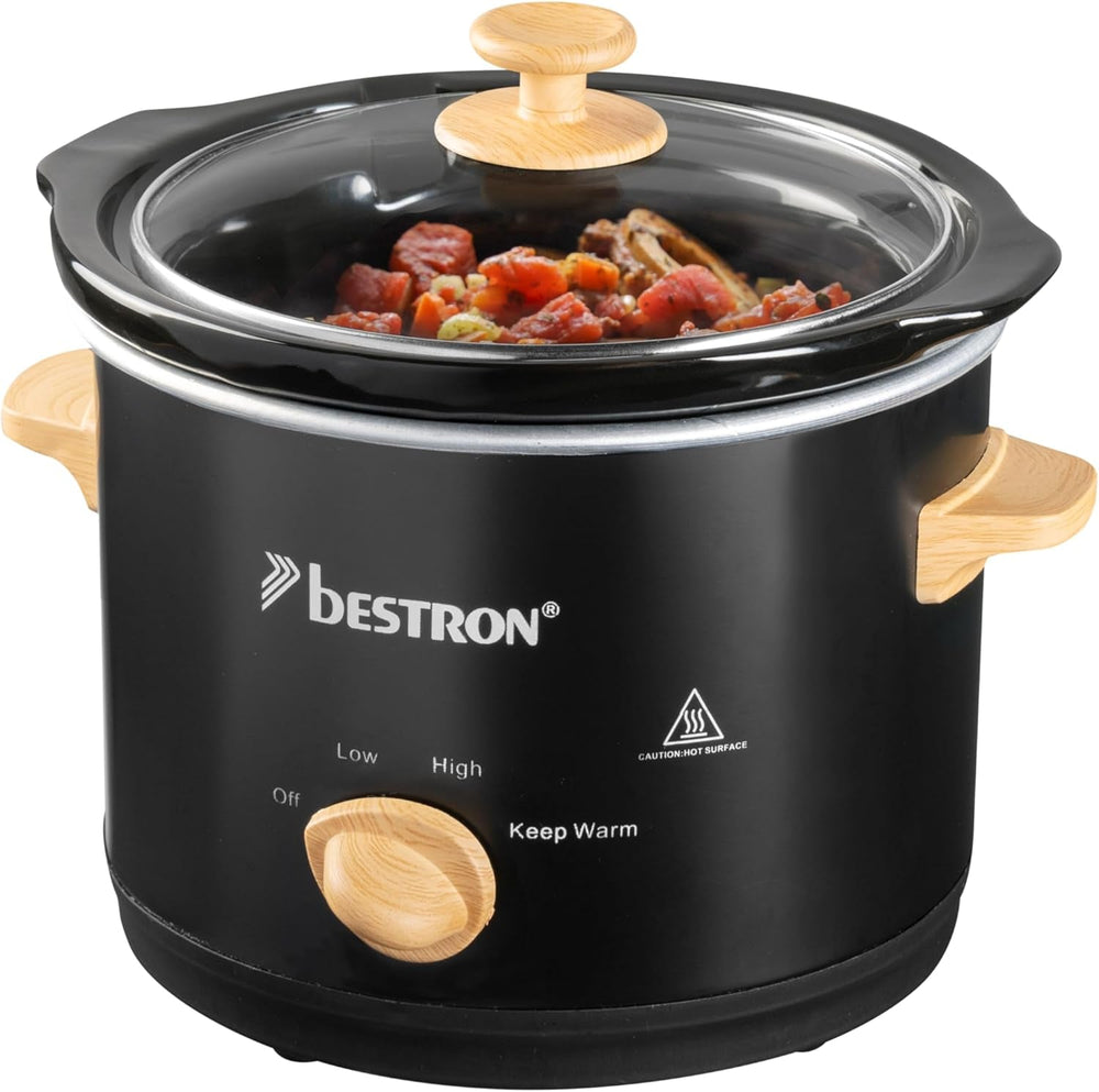 Bestron Slow Cooker mit Keramikpfanne und Glasdeckel, 3-Stufen-Thermostat, ideal für viele Gerichte wie Fleisch, Suppen und Gemüse, 3,5 Liter, Farbe: Silber Slow Cooker Naty Shop Schwarz mit braunem Holz 2 Personen