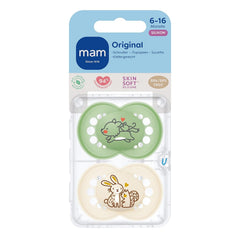 Suzete MAM Original, pachet de 2, suzete pentru bebeluși prietenoase cu dinții, fabricate din materiale sustenabile și bioregenerabile, tetine din silicon MAM SkinSoft, cu cutie pentru suzetă, 6-16 luni, Lup/Iepure