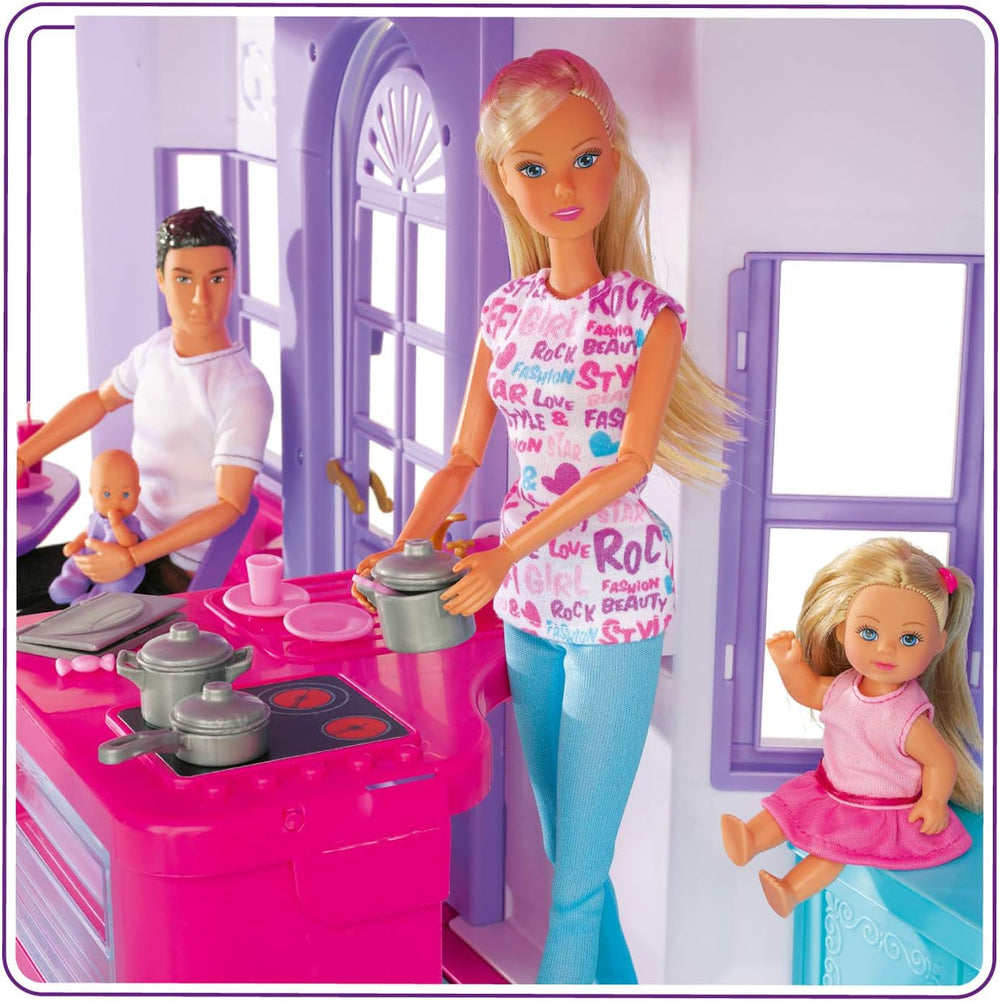 Simba 104661996 – Steffi Love Dreamhouse, großes Spielhaus, 4 Räume, KEINE PUPPEN, 84 cm hoch, zwei Etagen, funktionale Glocke, zusammenklappbar Naty Shop Puppenhäuser