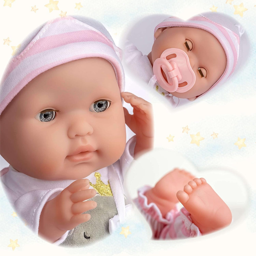 JC Toys - Păpușă moale realistă Berenguer Boutique, 38 cm, cu gură deschisă/închisă, set cadou cu 10 piese, biberon, zornăitoare, suzetă și accesorii, roz, vârste 2+