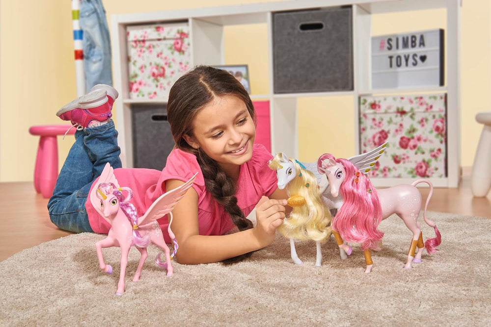 Simba 109480092 - Mia and Me Unicorn Kyara, cu aripi mobile, agrafe de păr și perie pentru coafat, 20 cm, vârste 3+, roz