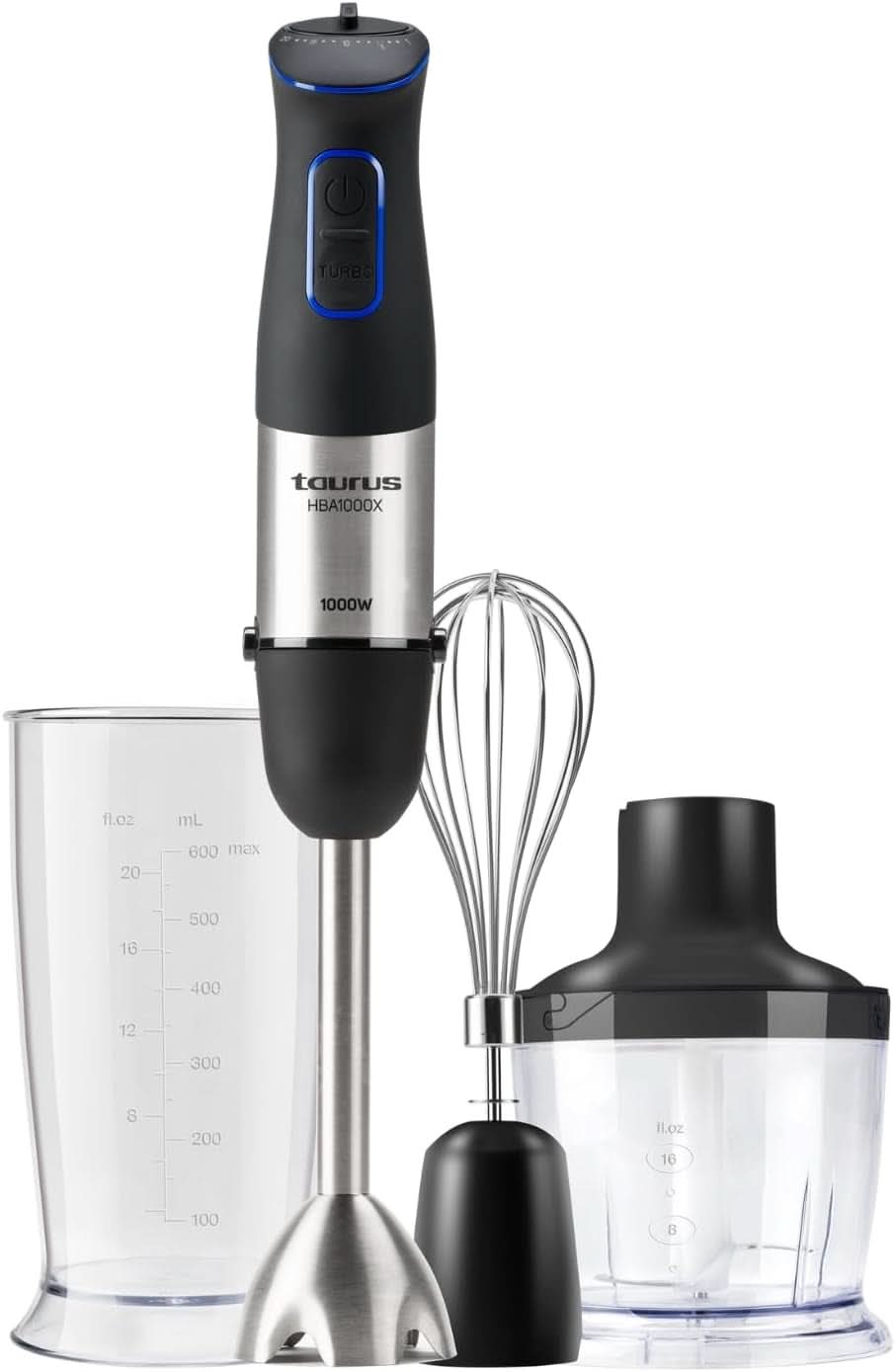 Taurus Standmixer 1000W | 20 Geschwindigkeitsstufen | Turbofunktion | 4 Edelstahlklingen | Ergonomisches Soft-Touch-Design | Spritzschutz | Zubehör | Edelstahl | Elektrisch |Kunststoff, Silber/Schwarz Mutter und Kind Naty Shop 1000W | 3 Zubehör