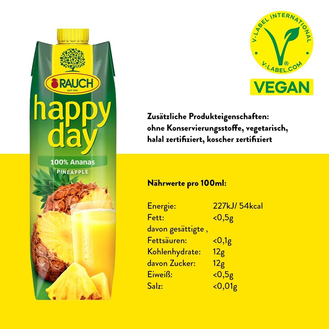 Rauch Happy Day Ananas | Explosion tropischer Aromen | Hergestellt aus 100 % konzentriertem Ananassaft | 6 x 1 Liter, Tetra Prisma Alkoholfreie Getränke Naty Shop